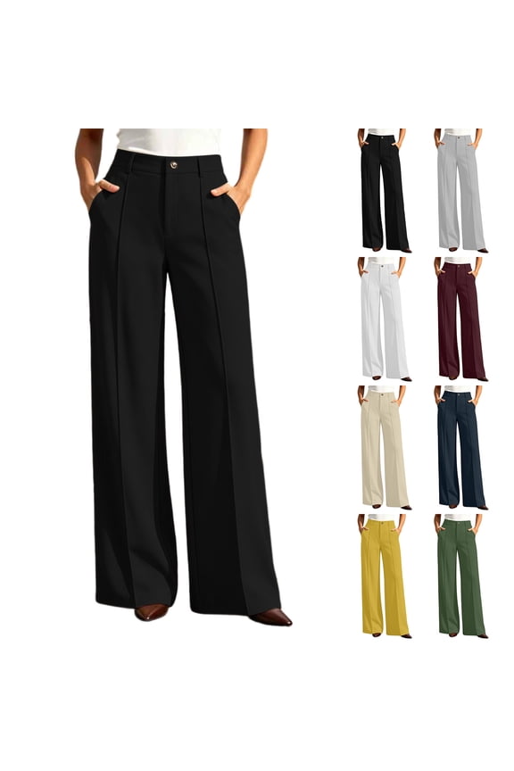 Women's High-Waisted Wide Leg Work Trousers with Pockets, Tummy Control Straight Leg Dress Pants, Business Casual Office Wear, Soft Stretch Everyday Trousers | TruHer,Black S