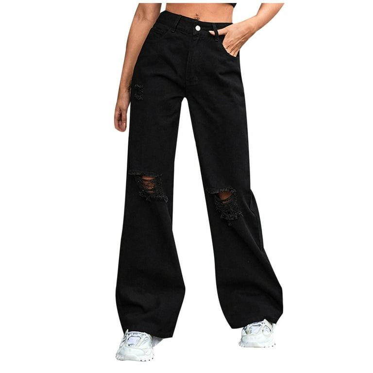 Women's High Waisted Wide Leg black Jeans Casual Loose Straight Ripped  Denim Pants Hole Boyfriend Denim Pants Pockets Button Ripped Jeans Trousers