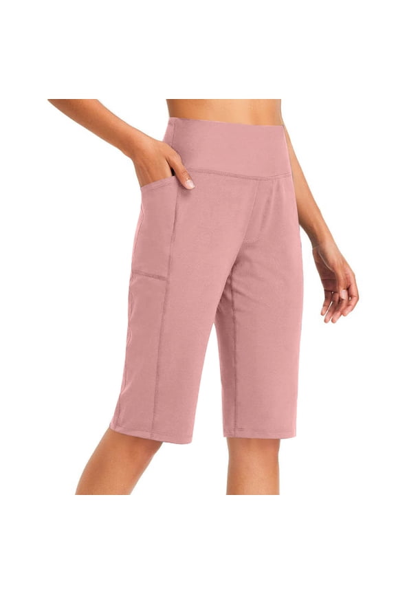 Women's High Waisted Workout Shorts with Pockets Knee Length Fitness Yoga Short Pants Stretchy Sportswear (S, Pink)