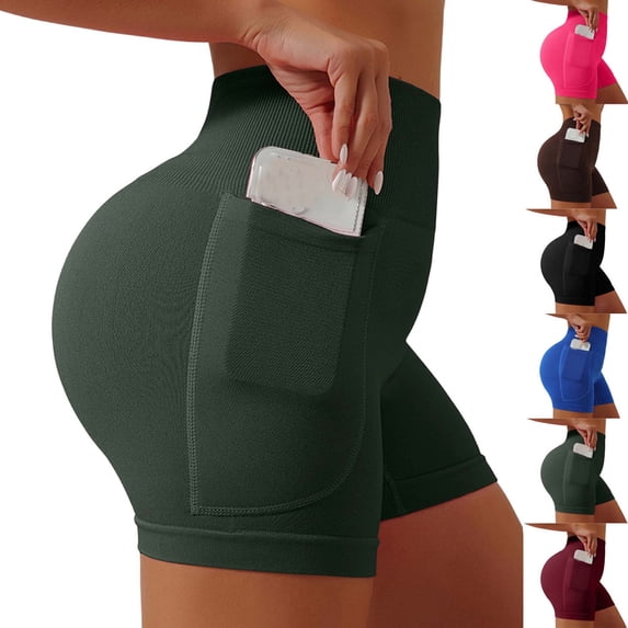 Women’s High Waisted Workout Shorts with Pockets Tummy Control Seamless Yoga Biker Shorts for Running Gym Fitness Casual Activewear
