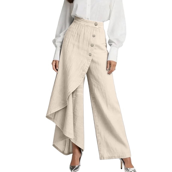 Women's High Waisted Wrap Wide Leg Pants Button Front Casual Flowy Trousers Blue L