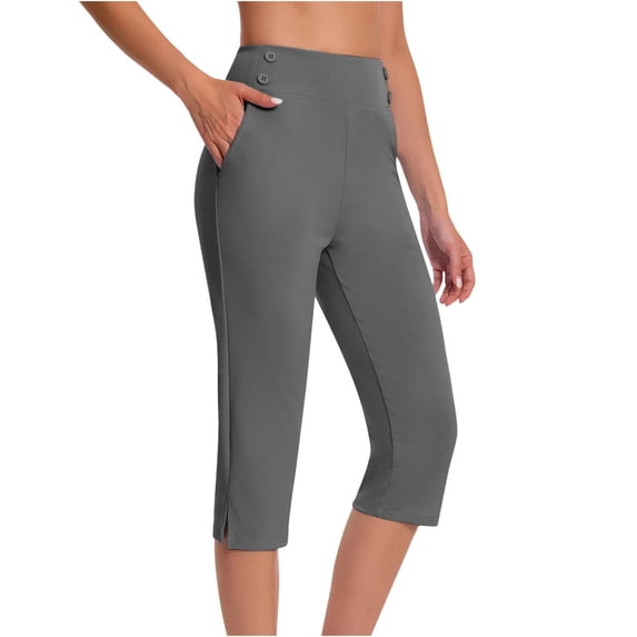 Women's High Waisted Yoga Capris, Solid Color Tummys Control Stretchy Workout Cropped Pants with Pockets for Work Casual Lounges