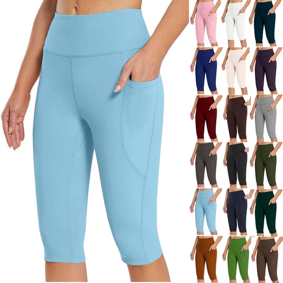 Women's High Waisted Yoga Capris with Pockets Knee Length Leggings High Waisted Yoga Workout Exercise Capris For Casual Summer With Pockets