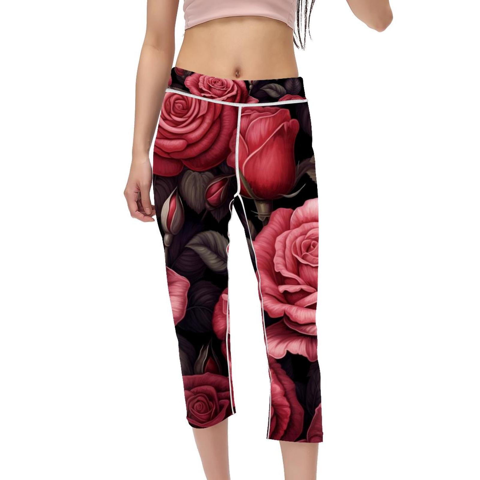 Women's High Waisted Yoga Leggings Non See Through for Workout Athletic Running Roses Yoga Pants