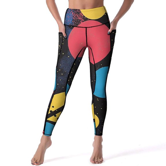 Women's High Waisted Yoga Leggings with Pockets，Color Wave Point Geometry，Tummy Control Non See Through Workout Athletic Running Yoga Pants