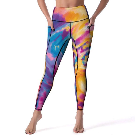 Women's High Waisted Yoga Leggings with Pockets，Colorful Tie Dye Vortex，Tummy Control Non See Through Workout Athletic Running Yoga Pants