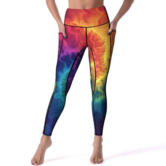 Women's High Waisted Yoga Leggings with Pockets，Colorful Tie Dye Vortex，Tummy Control Non See Through Workout Athletic Running Yoga Pants