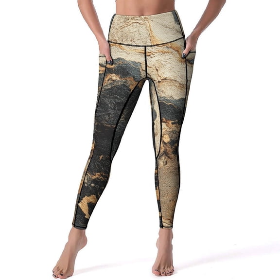 Women's High Waisted Yoga Leggings with Pockets，Marble Texture，Tummy Control Non See Through Workout Athletic Running Yoga Pants