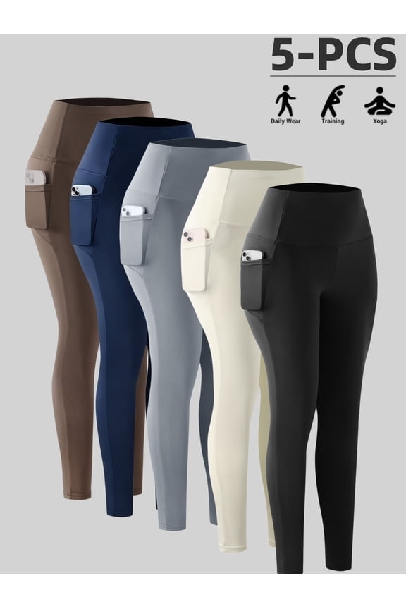 Women's High-Waisted Yoga Pants 5-Pack with Pockets, Tummy Control and Butt-Lifting, High-Elasticity Leggings, Soft Basic Long Pants, Available in Multiple Colors, Suitable for Fitness, Running