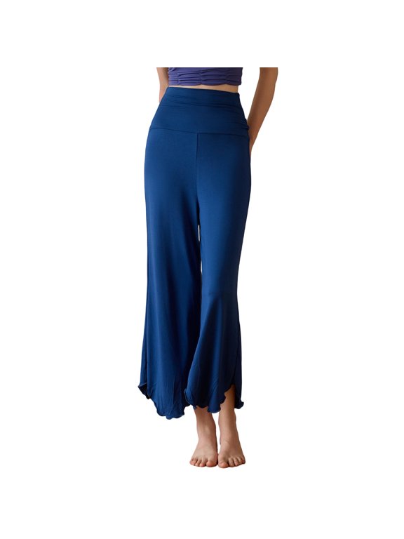 Women's High Waisted Yoga Pants Flared Wide Leg Cropped Pants Solid Stretchy Pilates Sports Soft Capris (L, Blue)