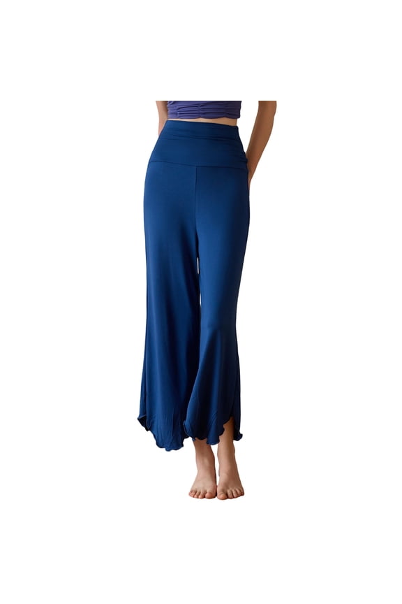 Women's High Waisted Yoga Pants Flared Wide Leg Cropped Pants Solid Stretchy Pilates Sports Soft Capris (L, Blue)