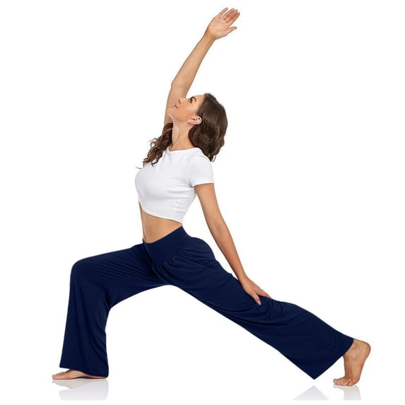 Women's High Waisted Yoga Pants with Pockets, Loose Wide Leg Fold Over Waist Sweatpants, Soft Lounge Athletic Pants for Women, Comfy Casual Workout Pants Navy S