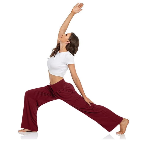 Women's High Waisted Yoga Pants with Pockets, Loose Wide Leg Fold Over Waist Sweatpants, Soft Lounge Athletic Pants for Women, Comfy Casual Workout Pants Wine L