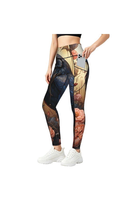 Women's High Waisted Yoga Pants Workout Leggings Athletic Gym Tights, Crow And Flowers Raven Gothic