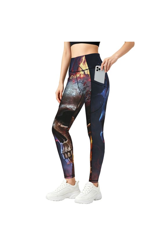 Women's High Waisted Yoga Pants Workout Leggings Athletic Gym Tights, Gothic Skull On Fire Death Cool