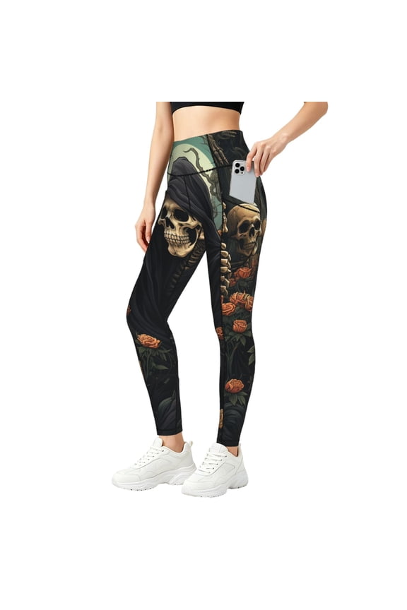Women's High Waisted Yoga Pants Workout Leggings Athletic Gym Tights, Grim Reaper Skull Angel Skeleton Skulls