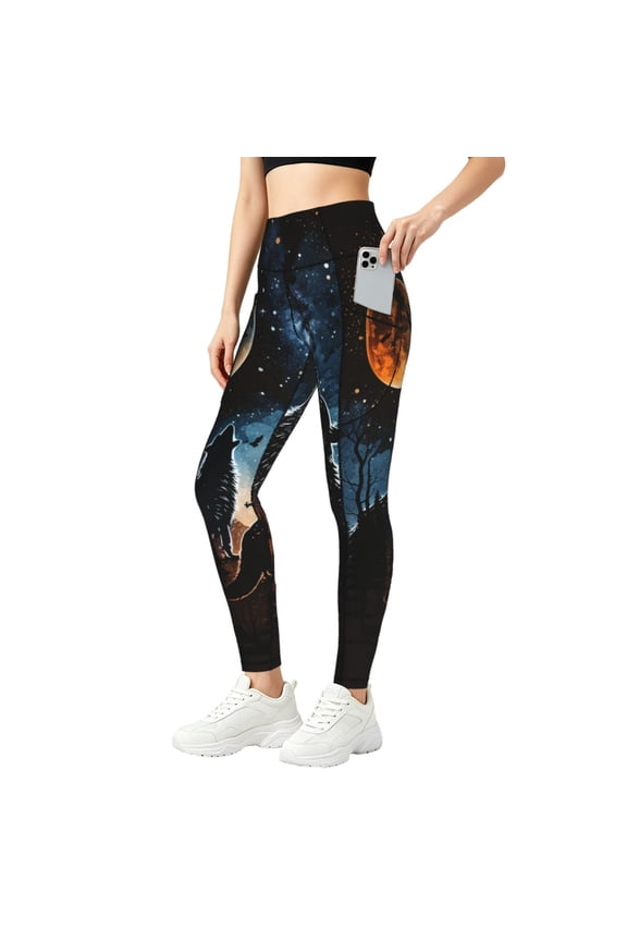 Women's High Waisted Yoga Pants Workout Leggings Athletic Gym Tights, Wolf Howling Wolves Moon Night Stars