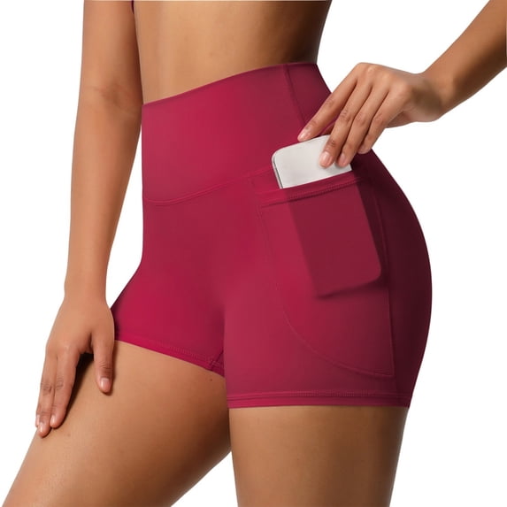 Women's High Waisted Yoga Shorts with Pockets – 3" High Stretch Tight Athletic Shorts for Running, Workout & Fitness, Side Pocket for Phone, Tummy Control Booty Lift Hot Pink L