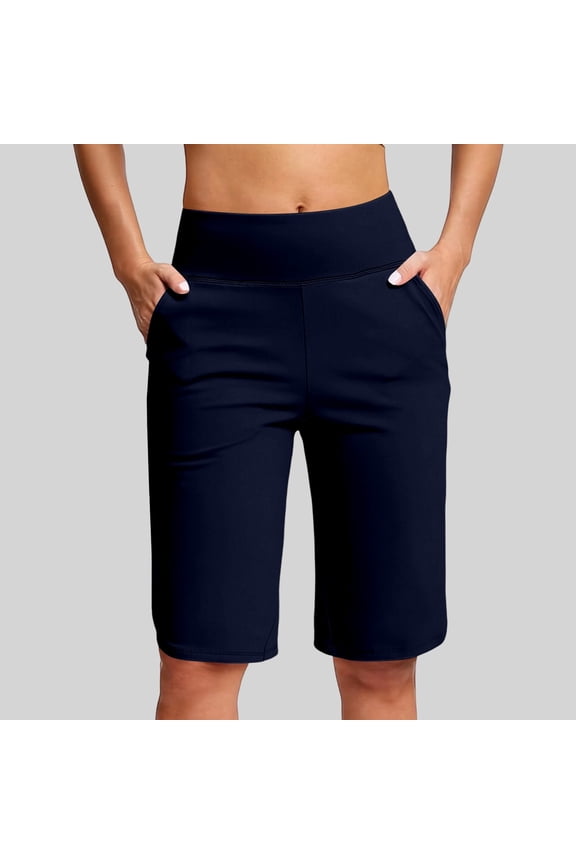 Women's High Waisted Yoga Shorts With Pockets Breathable Workout Running Athletic Arc Casual Shorts, XL, Navy