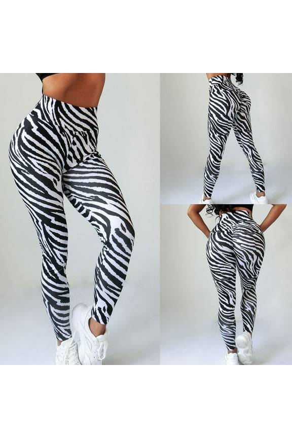 Women's High Waisted Zebra Print Yoga Pants, Butt Lifting Workout Leggings, Running Fitness Tights with Tummy Control for Gym, Yoga and Lounge-Black