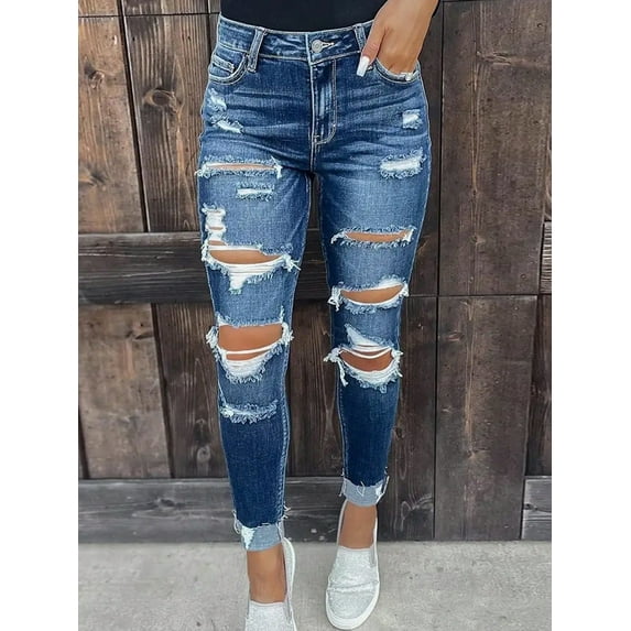 Women's High - WaistedDistressed Skinny Jeans Stretch Fit Streetwear Trend Edgy Casual Elastic Tear Denim Pants With Hip Lifting Design Cotton Denim Heavy Ripped Frayed Design Dark Blue Wash Edgy Ca