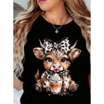 thumbnail image 1 of Women's Highland Cow T-Shirt, Cute Leopard Bow Coffee Graphic Tee, Casual Short Sleeve Crew Neck Top, 1 of 6