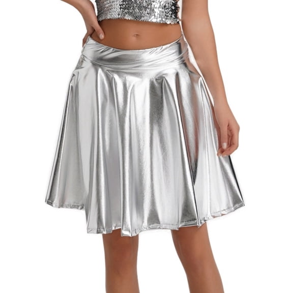 Women's Hight Waist Skirt Shiny Skater Skirt Sparkly Shiny Flared Pleated A Line Mini Skort Girls' Carnival Cosplay Skirt