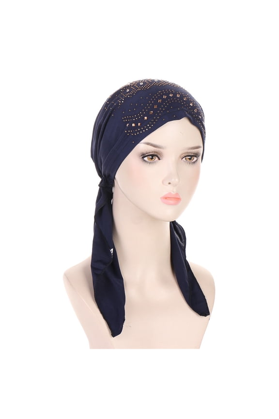 Women's Hijab Cap, Rhinestone Decorated Elastic Headscarf, Stretchy Muslim Head Cover for Prayer, Fashion Hair Beanie for Daily Wear, Outdoor Activities, and Modest Fashion-Navy