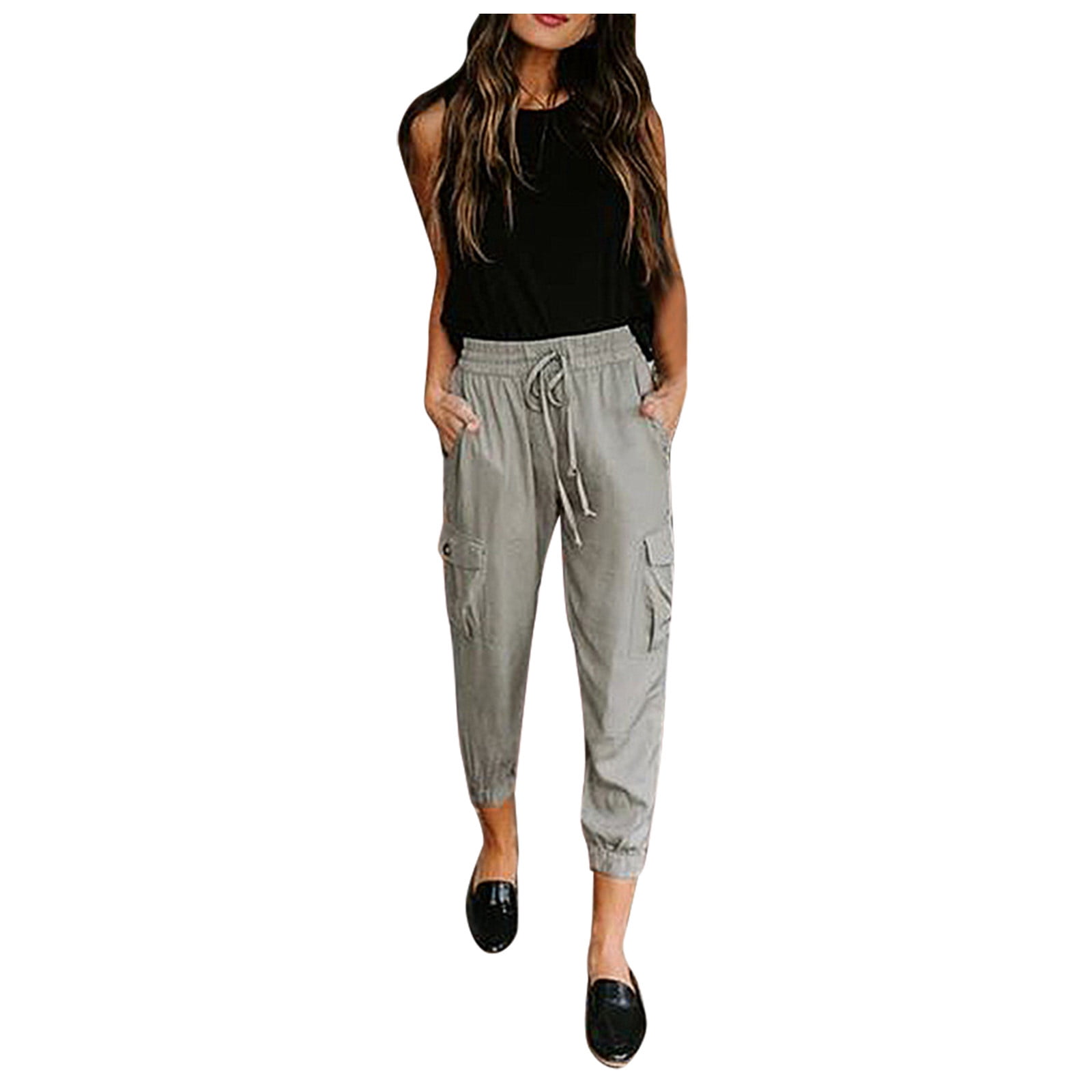Women's Hiking Cargo Pants 7/8 Lightweight Solid Drawstring Elastic Waisted  Tapered Jogger Pantalones with Multi Pockets (M, Gray-P)