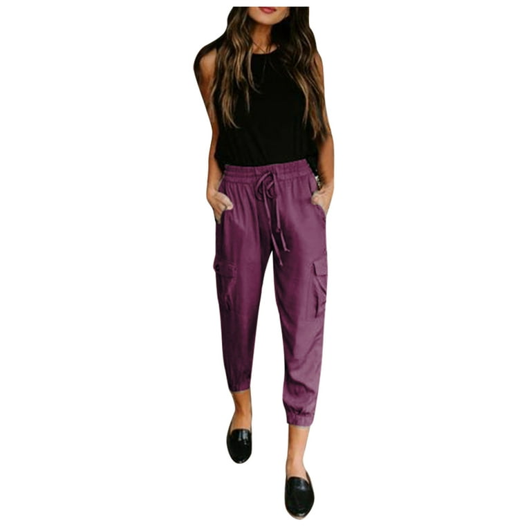 Women's Hiking Cargo Pants 7/8 Lightweight Solid Drawstring Elastic Waisted  Tapered Jogger Pantalones with Multi Pockets (XXL, Purple-F)