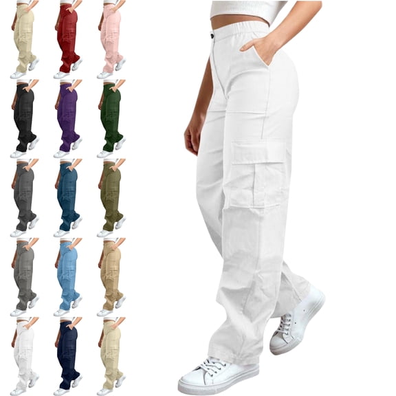 Women's Hiking Cargo Pants Elastic Waist Button Zip Pockets Casual Outdoor Solid Color Trousers