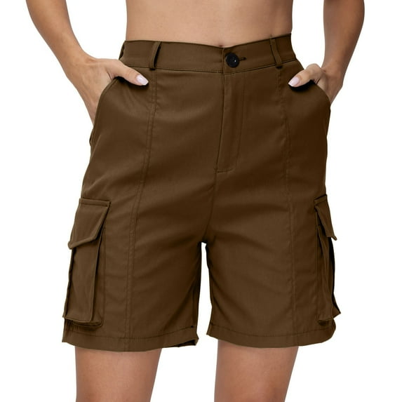 Women's Hiking Cargo Shorts Summer Casual Elastic Waist Bermuda Shorts Athletic Golf Long Shorts with 6 Pockets Light Brown L