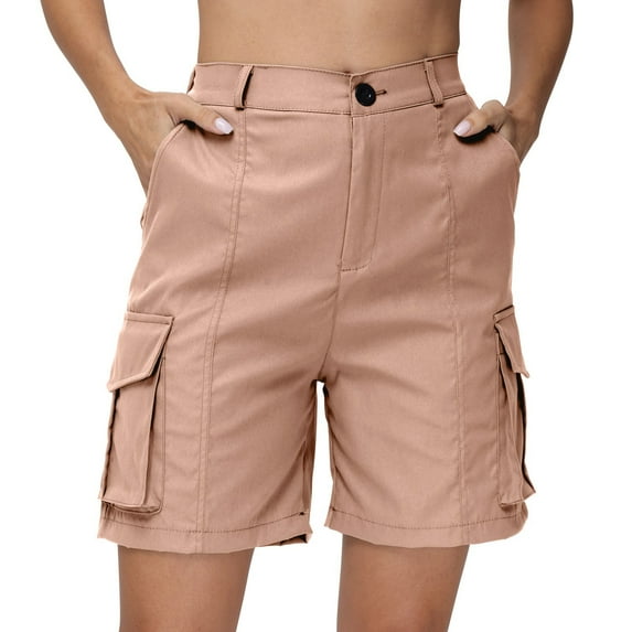 Women's Hiking Cargo Shorts Summer Casual Elastic Waist Bermuda Shorts Athletic Golf Long Shorts with 6 Pockets Pink L