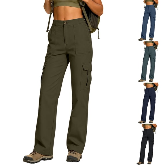 Women's Hiking Pants Straight Leg Quick Dry Cargo Pants Sun Protection Lightweight Multi Pocket Work Trousers Dark Green 2XL