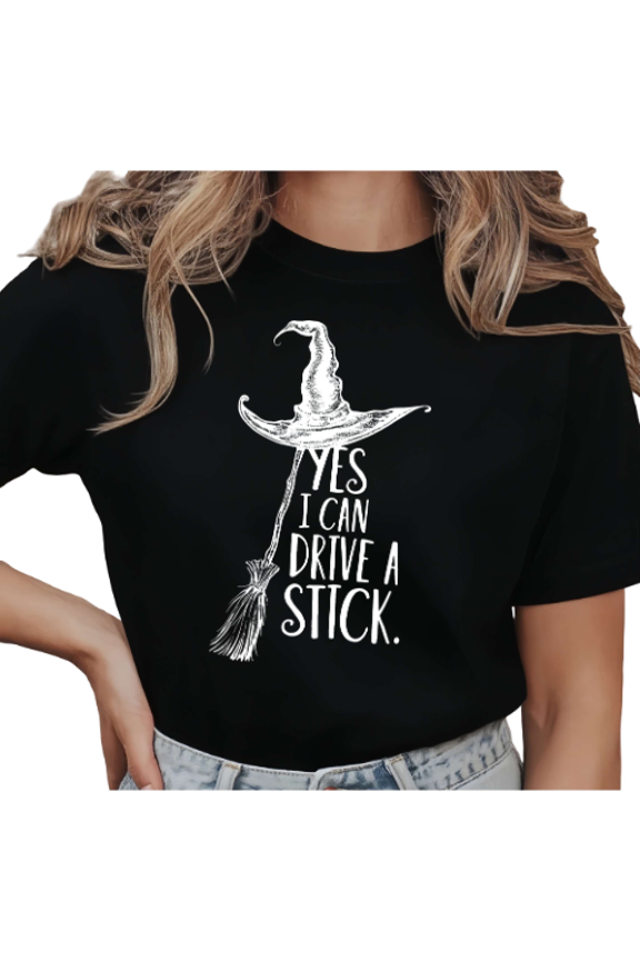 Women's Hilarious Witch "Yes I Can Drive A Stick" Halloween Pun Humorous Retro Vintage Graphic Short Sleeve Round Neck Top Black S-5XL