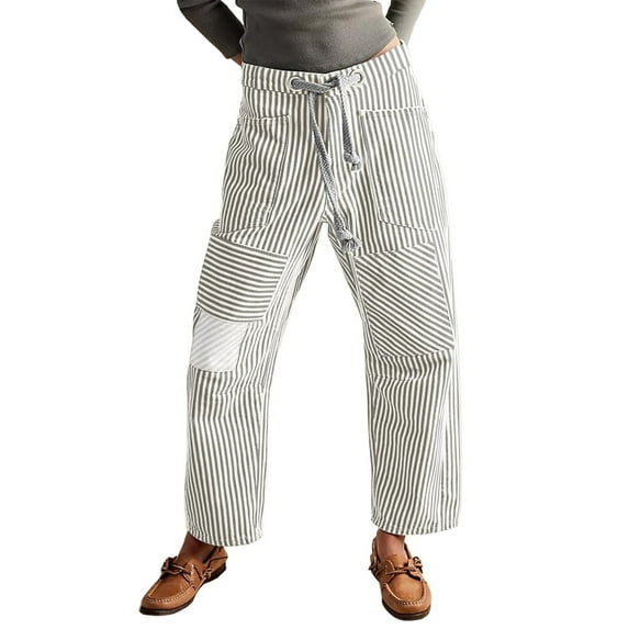 Women's Hip Hop Baggy Jeans Wide Leg Vintage Denim Pants with Striped Distressed Design, Mid-Low Waist Jeans Casual Loose Fit with Pockets for Streetwear,Gray L