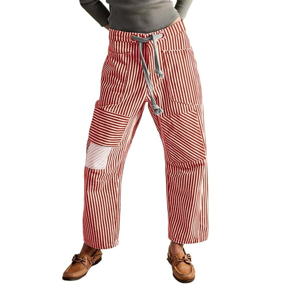 Women's Hip Hop Baggy Jeans Wide Leg Vintage Denim Pants with Striped Distressed Design, Mid-Low Waist Jeans Casual Loose Fit with Pockets for Streetwear,Red L