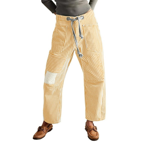 Women's Hip Hop Baggy Jeans Wide Leg Vintage Denim Pants with Striped Distressed Design, Mid-Low Waist Jeans Casual Loose Fit with Pockets for Streetwear,Yellow L