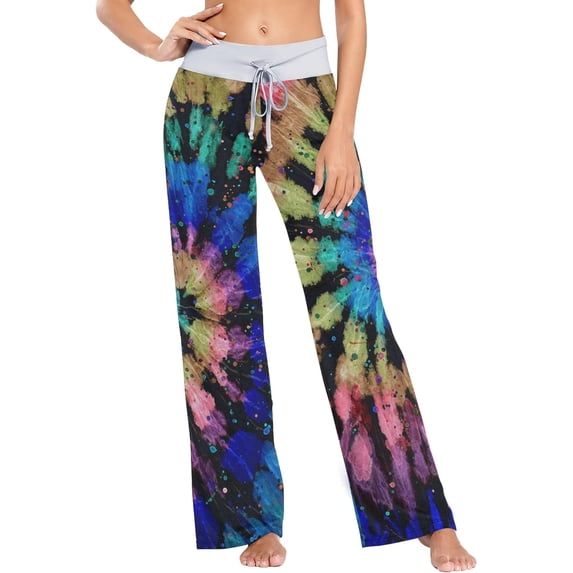 Women's Hippie Boho Tie Dye Pajama Pants, Casual Pajama Bottoms Lounge Pants Wide Leg