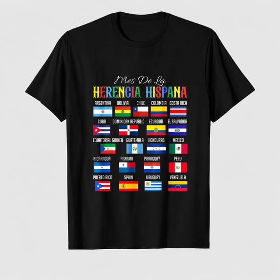 Women's Hispanic Heritage Month Country Flag Grid Graphic T-Shirt, 100% Cotton Short Sleeve Shirt