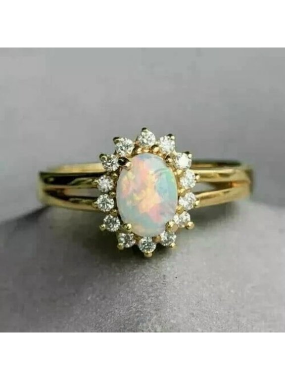 Women's Hlao Anniversary Gift Ring14k Yellow Gold Plated Silver 3Ct Oval Cut Fire Opal