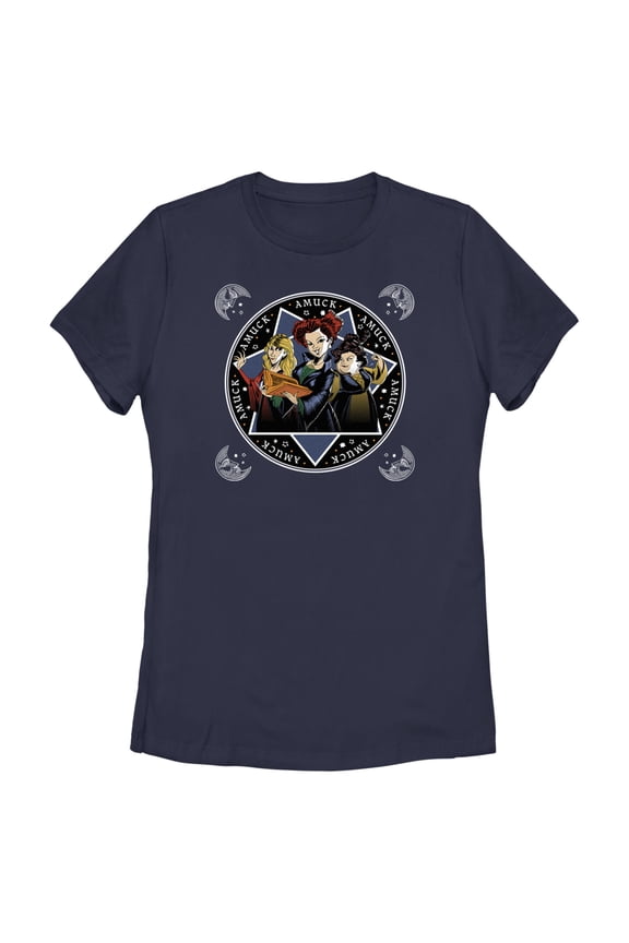 Women's Hocus Pocus Amuck Witch Circle Graphic Tee Navy Blue Small