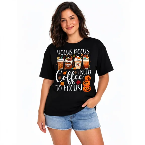 Women's Hocus Pocus Coffee Graphic T-Shirt, Funny Pumpkin Spice Fall Tee
