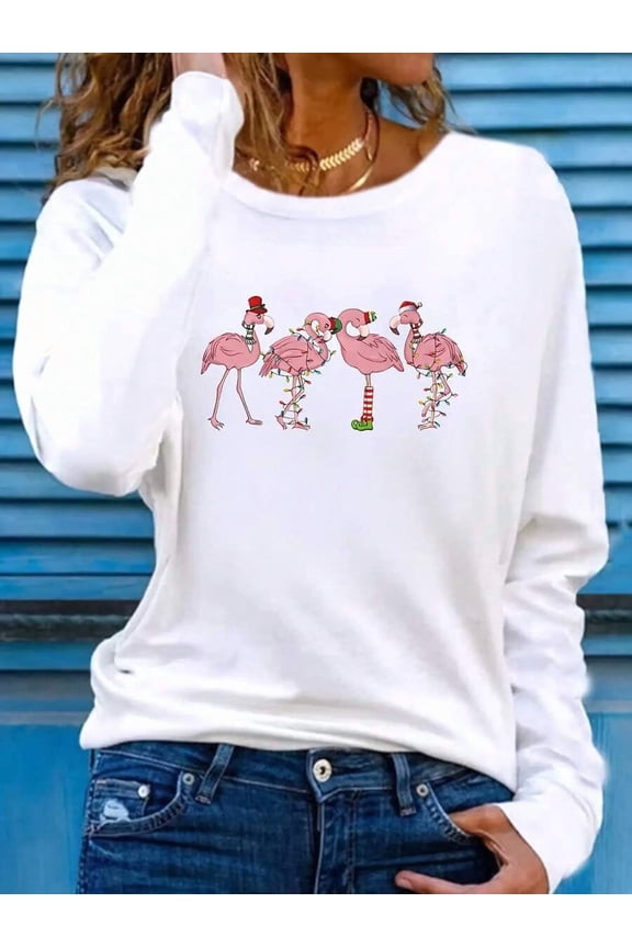 Women's Holiday Christmas Flamingo Print Long Sleeve T-Shirt - Casual Crew Neck,, Machine Washable 2025