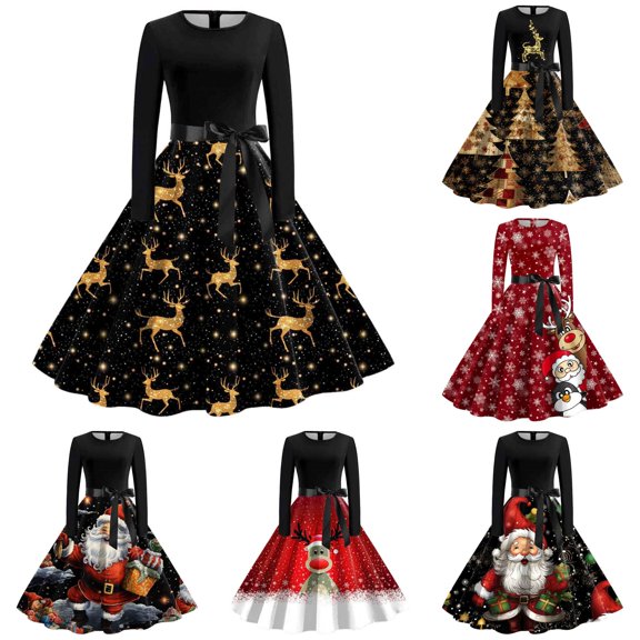 Women's Holiday Christmas Print Dress Long Sleeve Round Neck Midi 1950s Style for Evening Party
