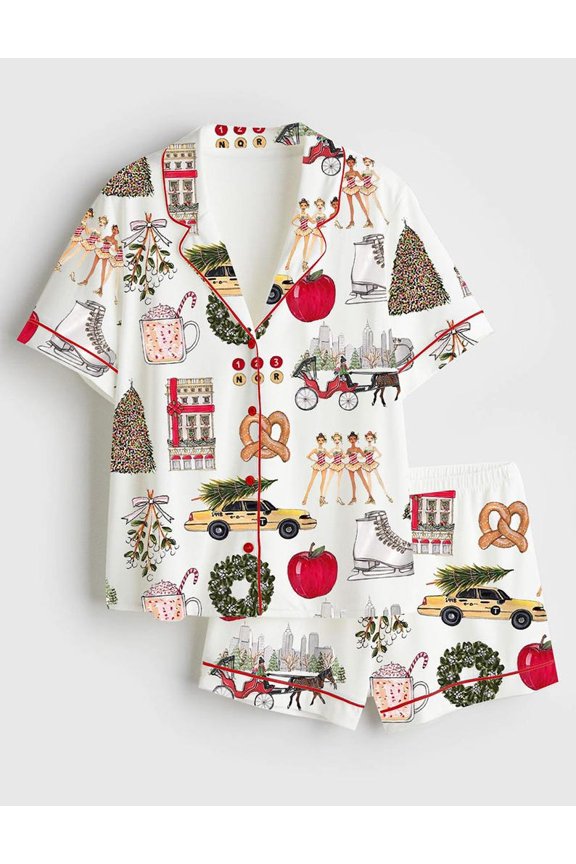 Women’s Holiday City Print Pajama Set | Short Sleeve and Shorts Sleepwear