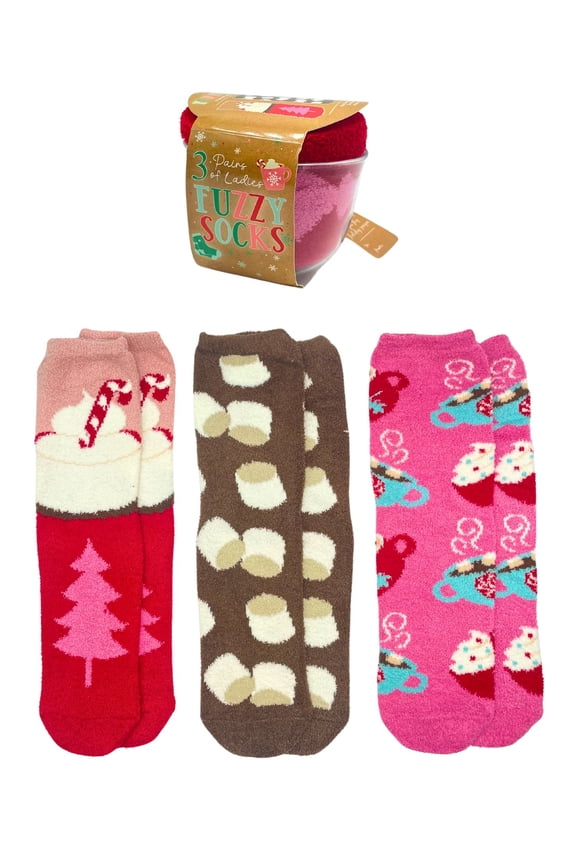 Women's Holiday Cozy Crew Socks with Mug, 3-Pack, Size 4-10