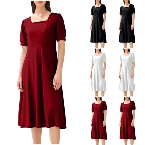 Women's Holiday Dresses Summer Dresses for Women 2025 Plus Size Women's Spring/summer Solid Color Square Collar Slim Short-sleeved Dress Black S