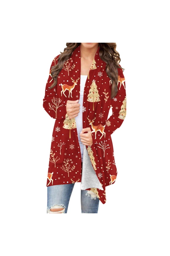 Women's Holiday Graphic Cardigan Christmas Print Open Front Lightweight Long Sleeve Novelty Festive Casual Comfort Seasonal Layer