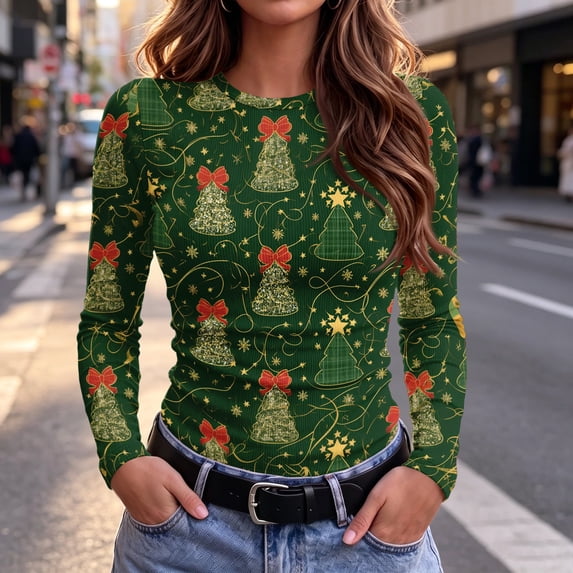Women's Holiday Graphic Tee Long Sleeve Crew Neck Christmas Print Slim Fit Shirt for Party Travel and Daily Wear